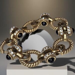 Antique Gold Plated Chunky Twisted Rope Cable Onyx Zircon Crystal Chain Bracelet
